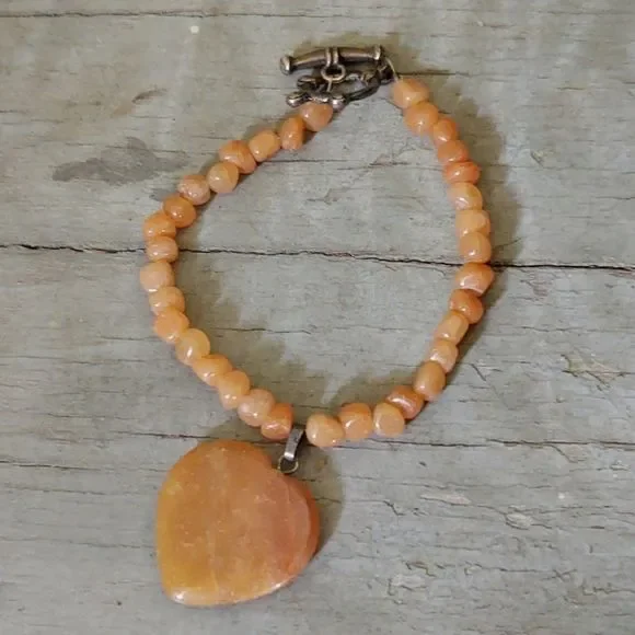 Handmade VTG Orange Aventurine Polished Chip / Heart Pendant Bracelet 7" - Picture 5 of 5